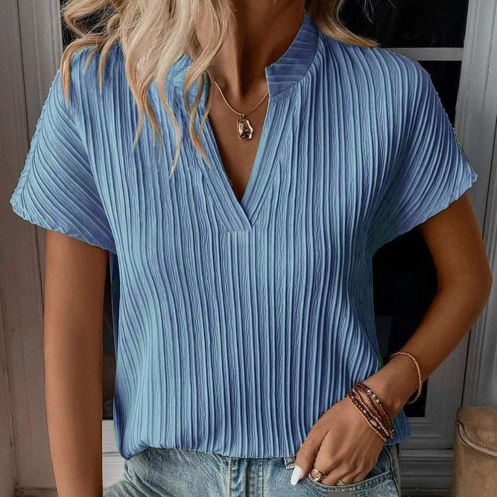 Chic Blue Pleated Short Sleeve Top